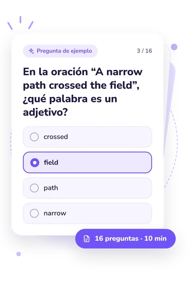 Test cuestionario sobre adjetivos: pregunta y respuestas Test cuestionario sobre adjetivos: tarjeta con pregunta