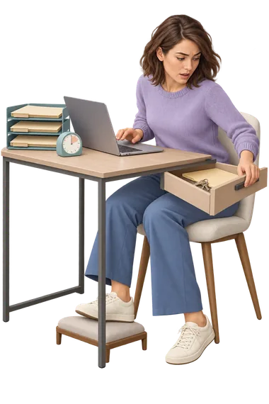 Female ADHD: keys in the open drawer Female ADHD: she opens the drawer