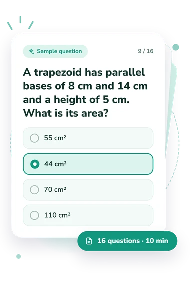 Area of a Trapezoid: answers to choose from Area of a Trapezoid Quiz: sample question card