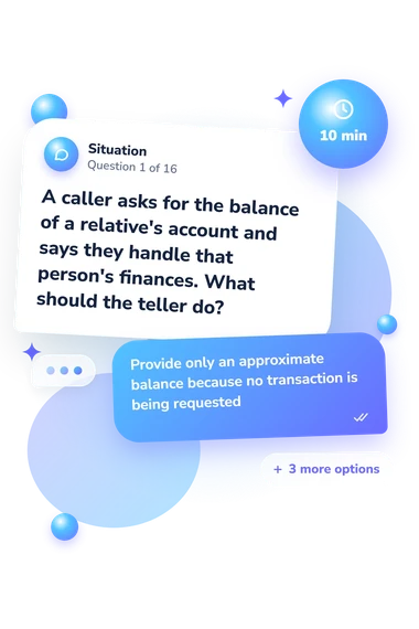 Bank Teller Quiz: situation and reply bubbles