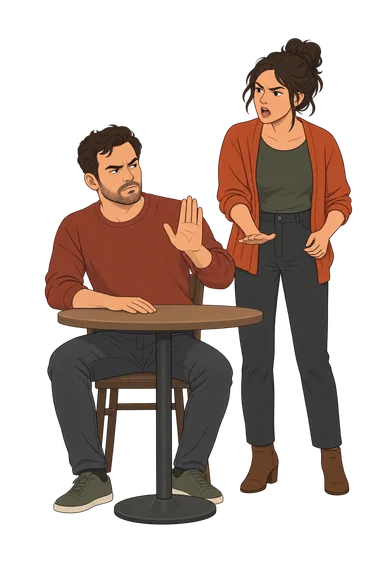 Test cuestionario de diagnóstico: conflicto entre dos personas Test cuestionario de diagnóstico: pareja discutiendo junto mesa
