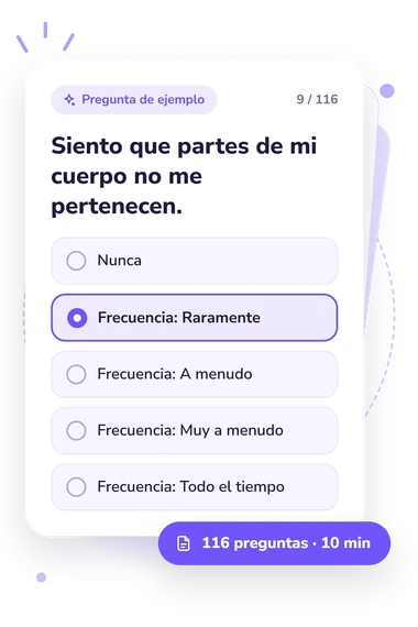 Test escala de despersonalización: pregunta y respuestas Test escala de despersonalización: tarjeta con pregunta