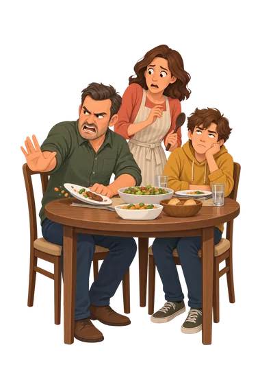 Test cuestionario de rasgos: tensión en la mesa Test cuestionario de rasgos: familia discutiendo durante comida