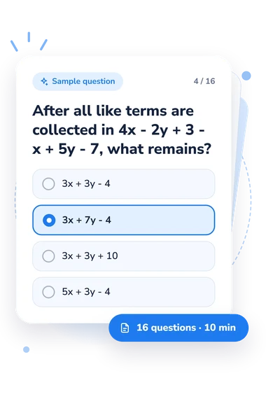 Combining Like Terms Quiz: answers to choose from Combining Like Terms Quiz: sample question card