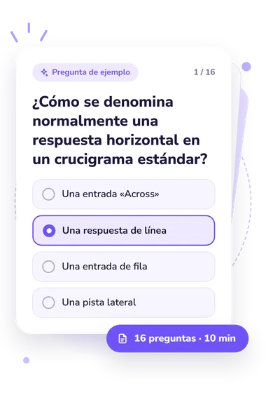 Test cuestionario de crucigramas: tarjeta con pregunta