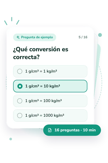 Test cuestionario sobre densidad: tarjeta con pregunta