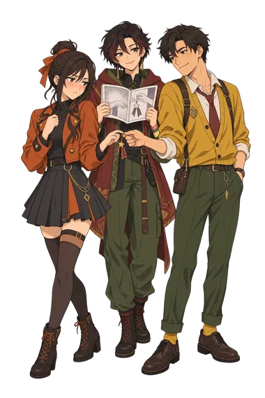 Dere Type Quiz: friends rehearse a charming scene. Dere Type Quiz: three friends rehearse playful cosplay.
