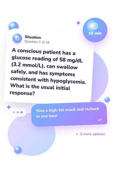 Diabetes Quiz for Nurses: situation and reply bubbles