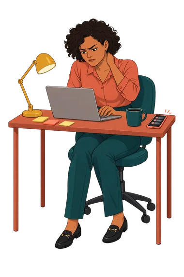Stress Test late at the desk Stress Test: a woman rubs her tense neck