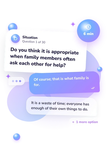 Family Values Questionnaire Test: what would you do Family Values Questionnaire Test: situation and reply bubbles