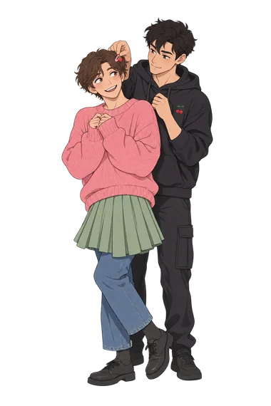 Femboy Quiz: pink sweater, pleated skirt, hair clip