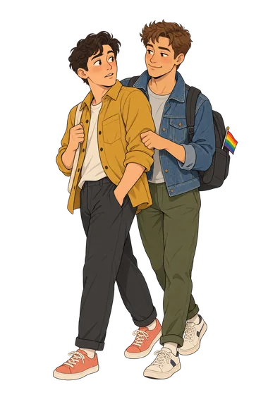 Gay Test: two young men, a rainbow flag
