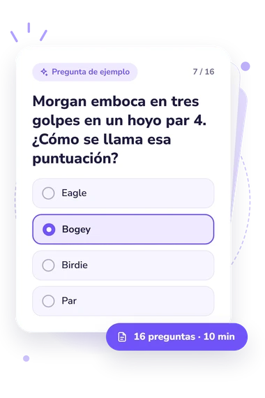 Test cuestionario de golf: pregunta y respuestas Test cuestionario de golf: tarjeta con pregunta