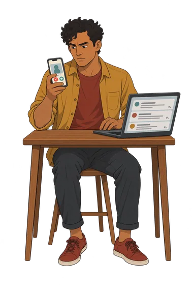 Incel Test: man reflects while viewing dating discussion Incel Test: man views dating app beside forum