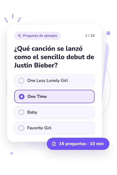Test cuestionario sobre Justin Bieber: pregunta y respuestas Test cuestionario sobre Justin Bieber: tarjeta con pregunta