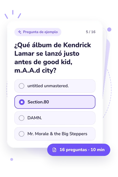 Quiz sobre Kendrick Lamar: pregunta y respuestas Quiz sobre Kendrick Lamar: tarjeta con pregunta