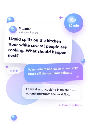 Kitchen Safety Quiz: what would you do Kitchen Safety Quiz: situation and reply bubbles