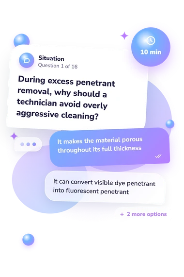 Liquid Penetrant Testing Quiz: what would you do Liquid Penetrant Testing Quiz: situation and reply bubbles