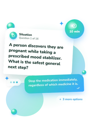 Mental Health Medications Quiz: situation and reply bubbles