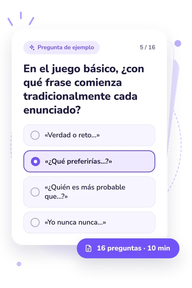 Test cuestionario de Yo nunca: tarjeta con pregunta