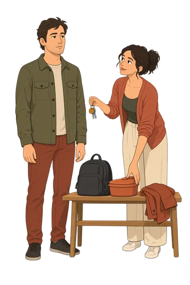 Test nueva escala de apatía: pareja ofrece abrigo. Test nueva escala de apatía: mujer mira desayuno.