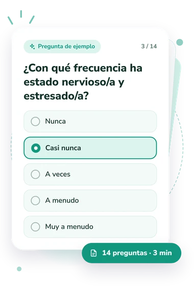 Test escala de estrés percibido: pregunta y respuestas Test escala de estrés percibido: tarjeta con pregunta