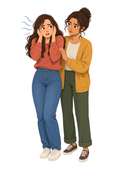 Psychosis & Schizophrenia Test: Woman covering ears, friend