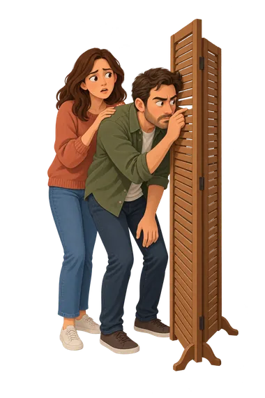 Test tamizaje de síntomas: Pareja observa con preocupación Test tamizaje de síntomas: Hombre mira tras biombo