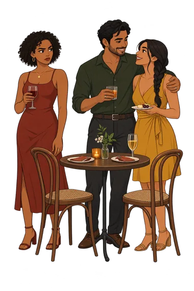 Jealousy Test: a partner greets a potential rival. Jealousy Test: partners embrace while another watches.