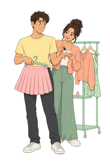 Sissy Quiz: man holds a pink pleated skirt