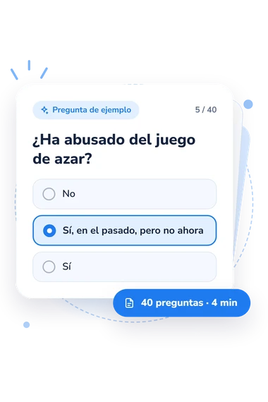 Test cuestionario de juego patológico: tarjeta con pregunta