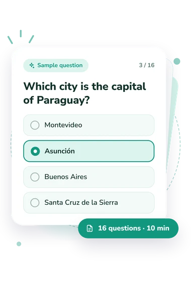 Spanish Speaking Countries Capitals: answers to choose from Spanish Speaking Countries Capitals Quiz: sample question card