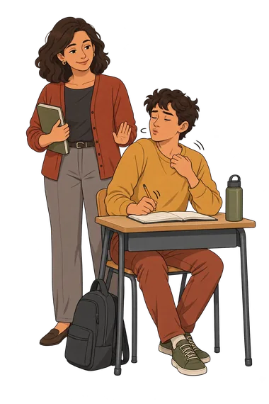 Test cuestionario de síntomas de tics y Tourette—colega-espera Test cuestionario de síntomas de tics y Tourette—adulto-en-escritorio